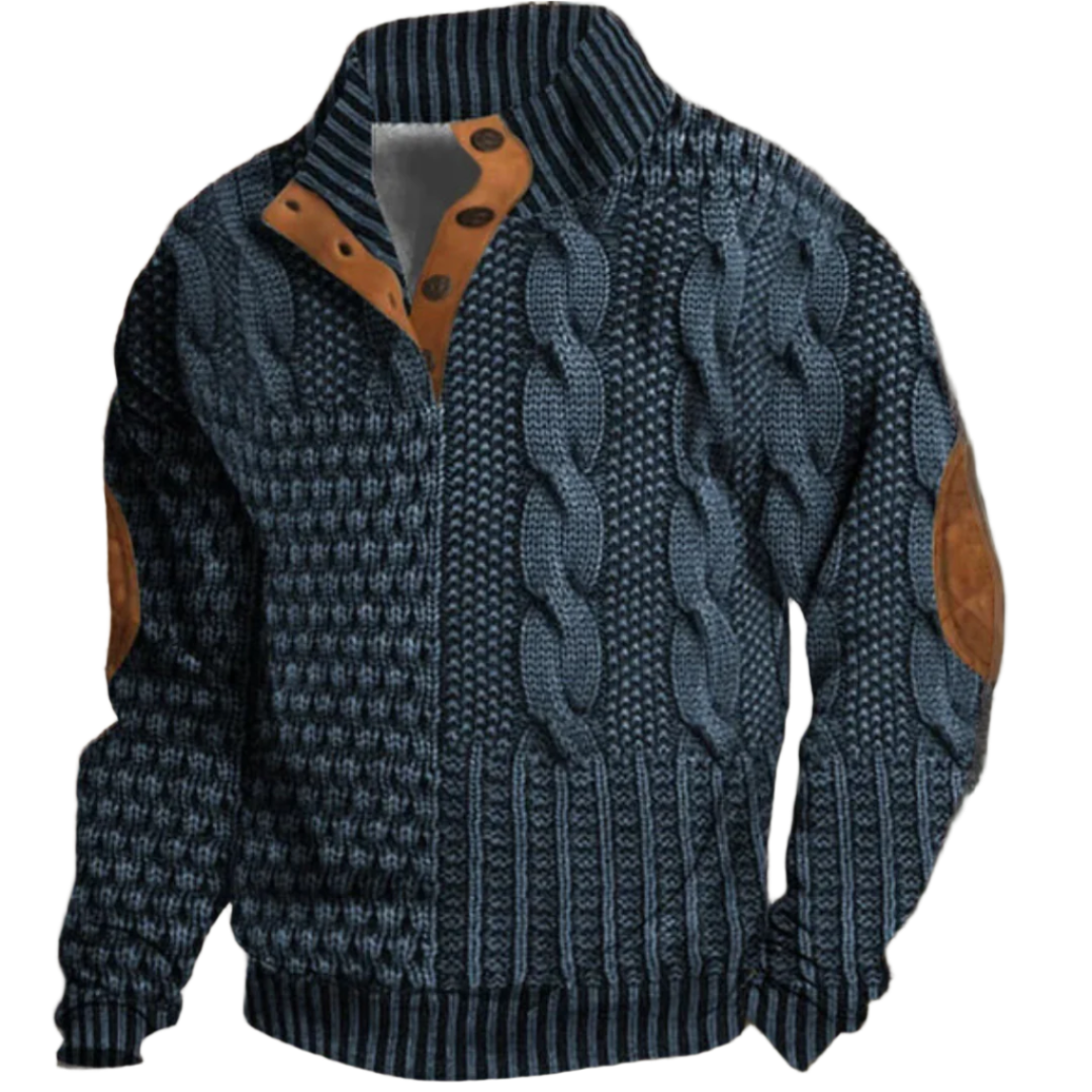 Pull pour homme en laine bleu marine avec un motif de tissage épais et des coudières en cuir pour un look moderne et sophistiqué. Le col montant rayé et les boutons en cuir ajoutent une touche d’élégance à ce vêtement chaud, idéal pour l’hiver. Parfait pour allier confort et style tout en restant au chaud pendant la saison froide.