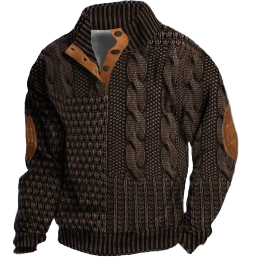 Pull pour homme en laine marron avec un motif de tissage épais et des coudières en cuir pour un style audacieux et moderne. Le col montant rayé et les boutons en cuir ajoutent une touche élégante à ce vêtement chaud, parfait pour l'hiver. Une pièce idéale pour allier confort et élégance tout en restant au chaud pendant la saison froide.