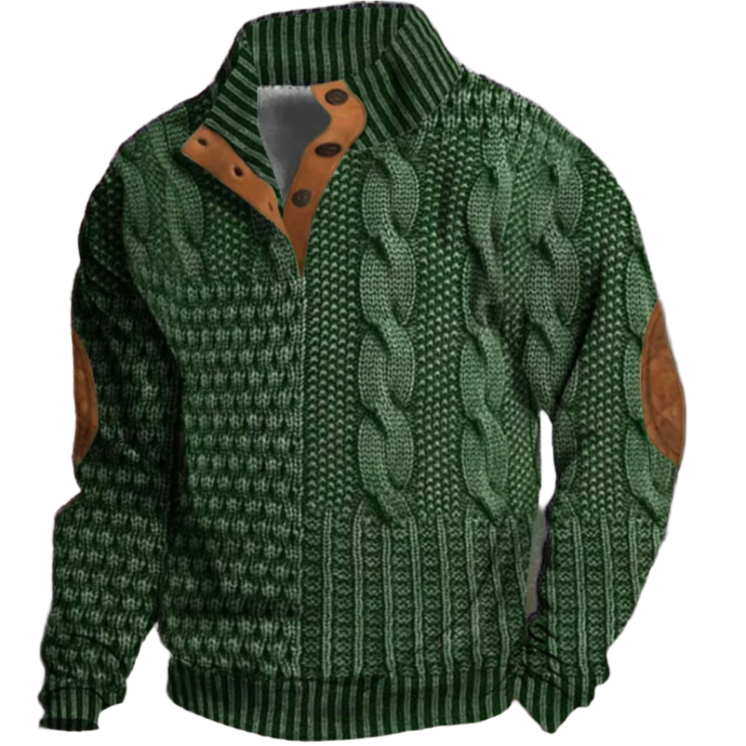 Pull pour homme en laine verte avec un motif de tissage épais et des coudières en cuir pour une touche élégante. Le col montant rayé et les boutons en cuir ajoutent un détail sophistiqué à ce vêtement chaud, parfait pour l'hiver. Un choix parfait pour rester au chaud tout en arborant un look moderne et stylé.
