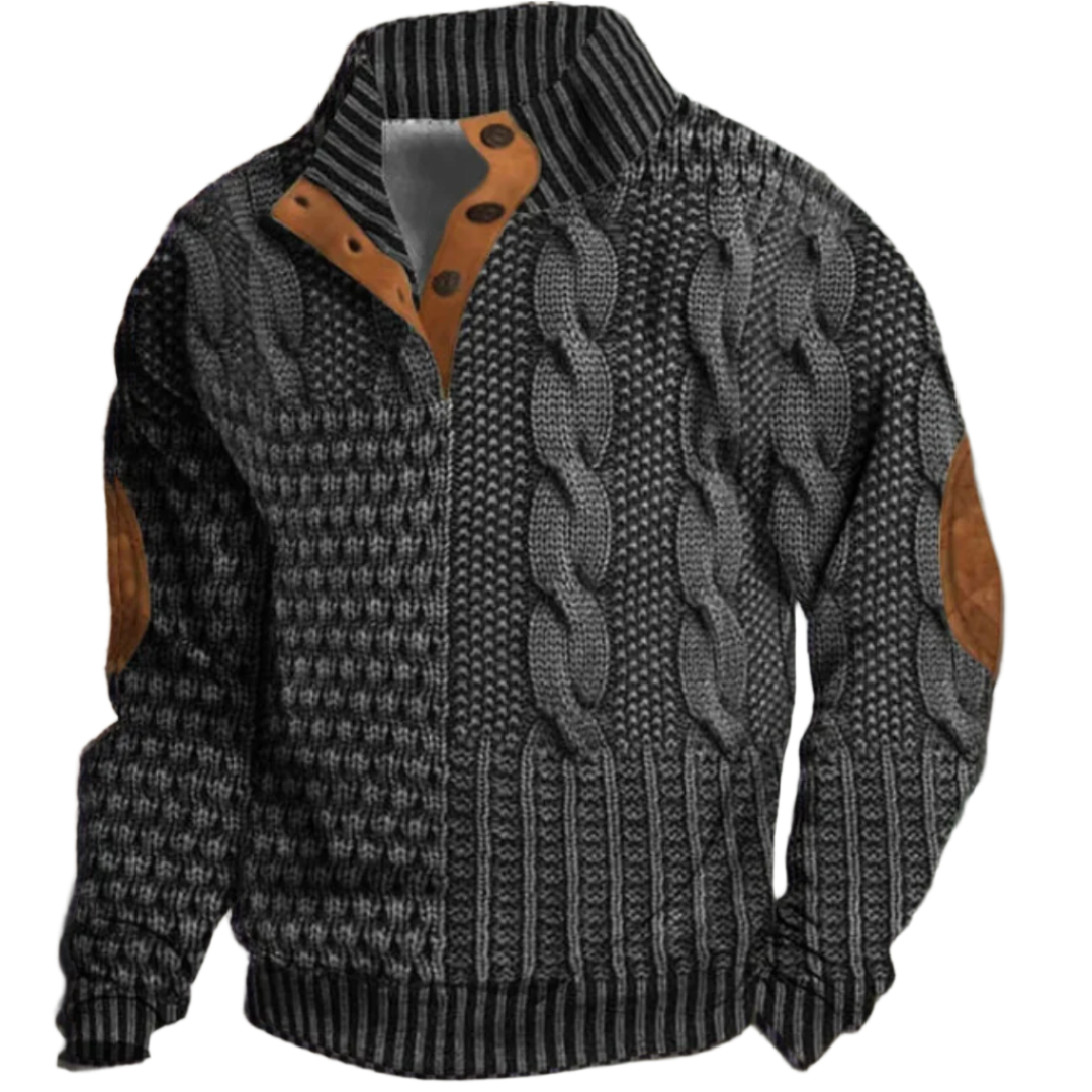 Pull pour homme en laine grise avec un motif de tissage épais, combiné à des accents en cuir sur les coudes pour un look robuste. Le col montant rayé et les boutons en cuir ajoutent un détail élégant à ce vêtement chaud, parfait pour l'hiver. Une pièce confortable et stylée pour rester au chaud tout en ayant un look moderne.