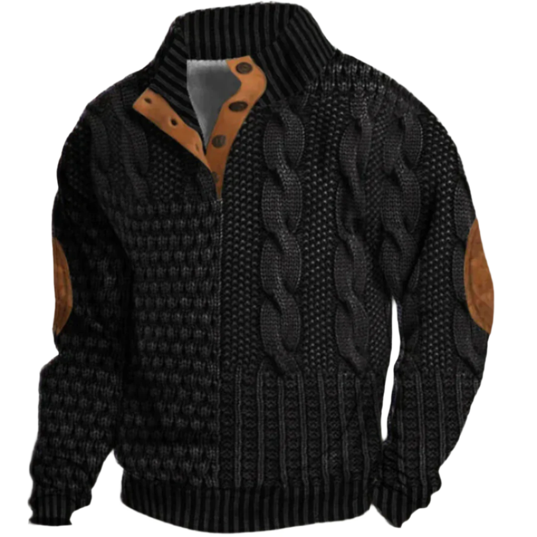Pull pour homme en laine noire, avec des motifs de tissage épais et des accents en cuir sur les coudes pour un style robuste. Le col montant rayé et les boutons en cuir ajoutent une touche de sophistication à ce vêtement chaud, parfait pour l'hiver. Un design à la fois fonctionnel et élégant, idéal pour se protéger du froid tout en restant à la mode.