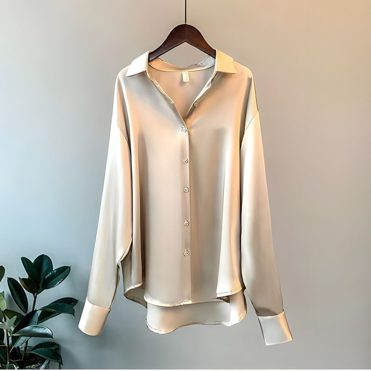 Chemise fluide pour femme en tissu satiné beige, à manches longues et col classique. Le vêtement présente une coupe ample et élégante avec des boutons nacrés sur le devant, idéale pour un style chic et confortable au quotidien ou au bureau.