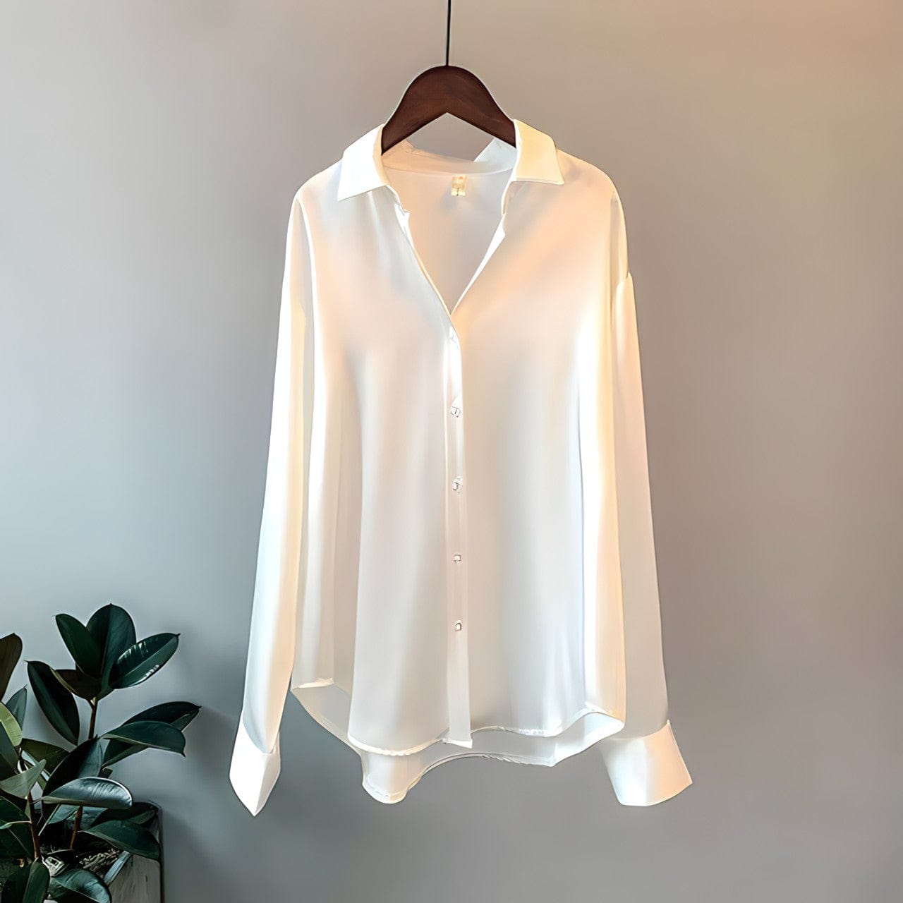 Chemise fluide pour femme en satin lisse de couleur blanche, présentée suspendue sur un cintre en bois contre un fond neutre. Le tissu brillant et doux reflète légèrement la lumière, soulignant la texture soyeuse et élégante du vêtement. Modèle à col classique et boutons discrets sur le devant, avec des manches longues et des poignets larges pour un look chic et raffiné, idéal pour un style professionnel ou décontracté.