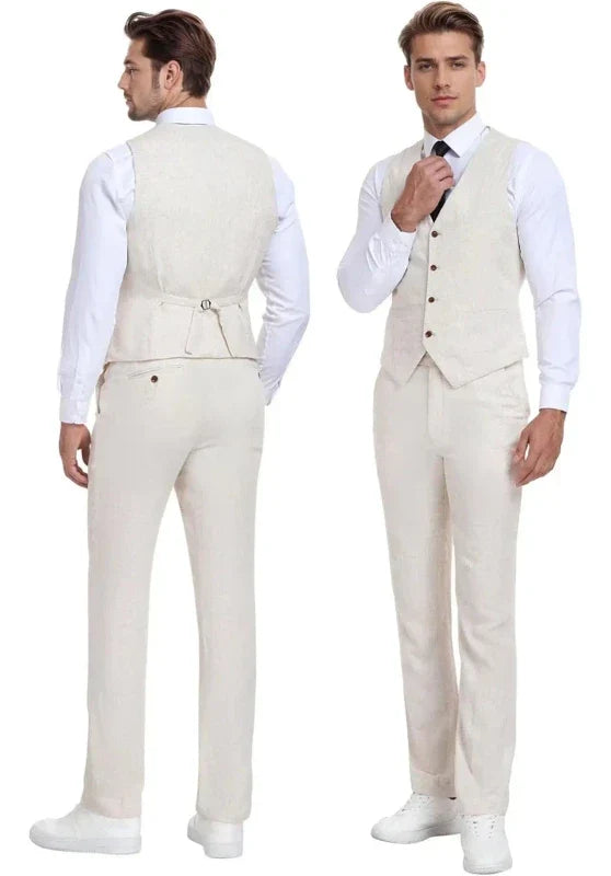 Costume Trois Pièces Homme Coupe Slim en Lin avec Col Peak et Gilet Col V