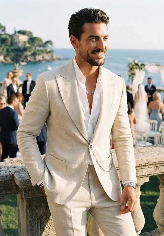 Costume Trois Pièces Homme Coupe Slim en Lin avec Col Peak et Gilet Col V