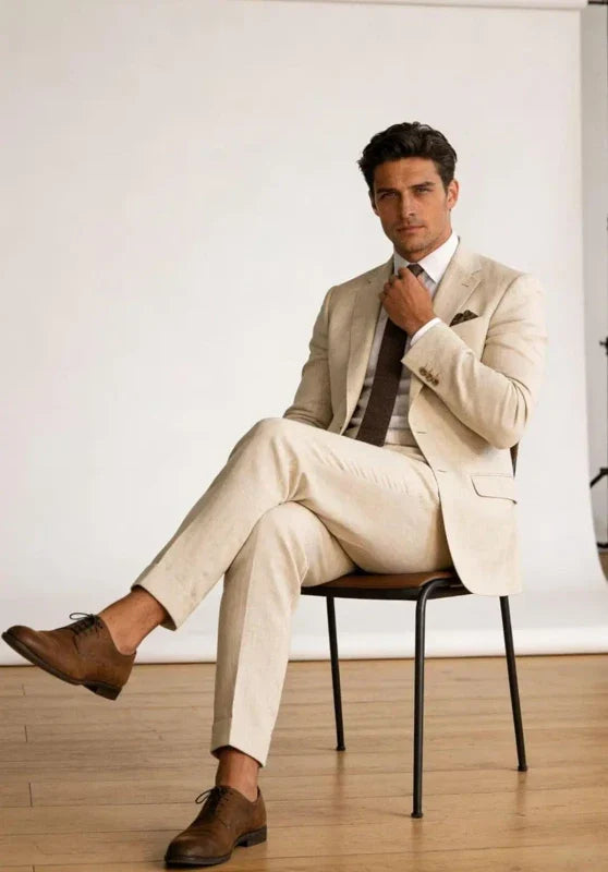 Costume Trois Pièces Homme Coupe Slim en Lin avec Col Peak et Gilet Col V