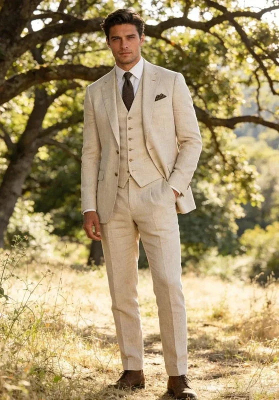 Costume Trois Pièces Homme Coupe Slim en Lin avec Col Peak et Gilet Col V