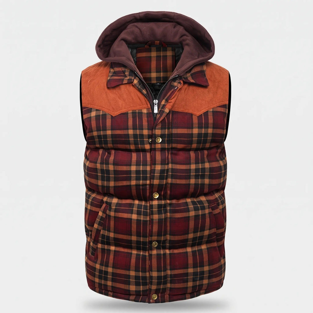 Herengewatteerd vest met capuchon, ruitpatroon en knopen