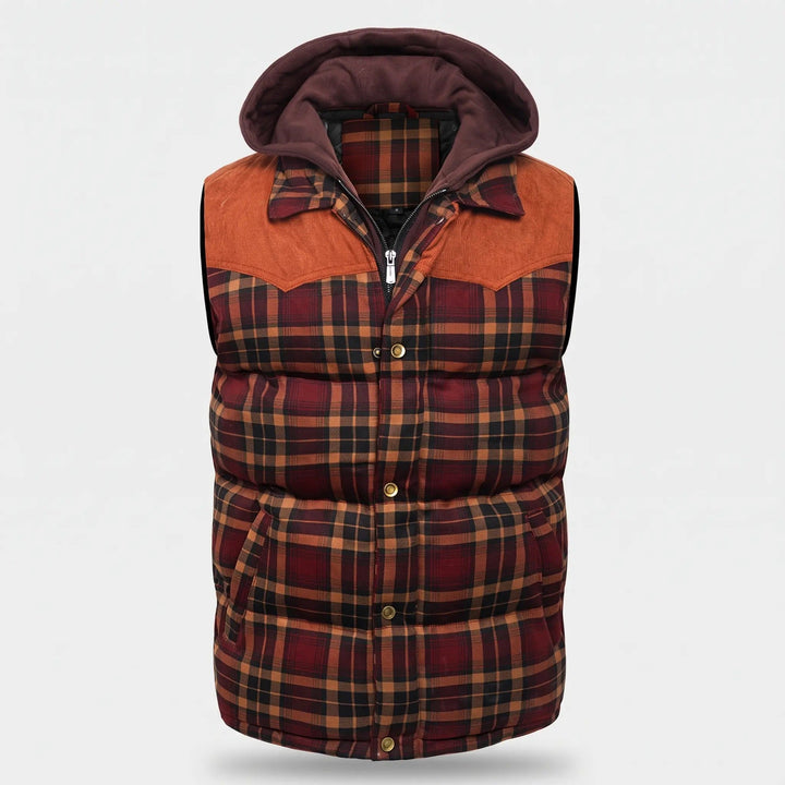 Herengewatteerd vest met capuchon, ruitpatroon en knopen