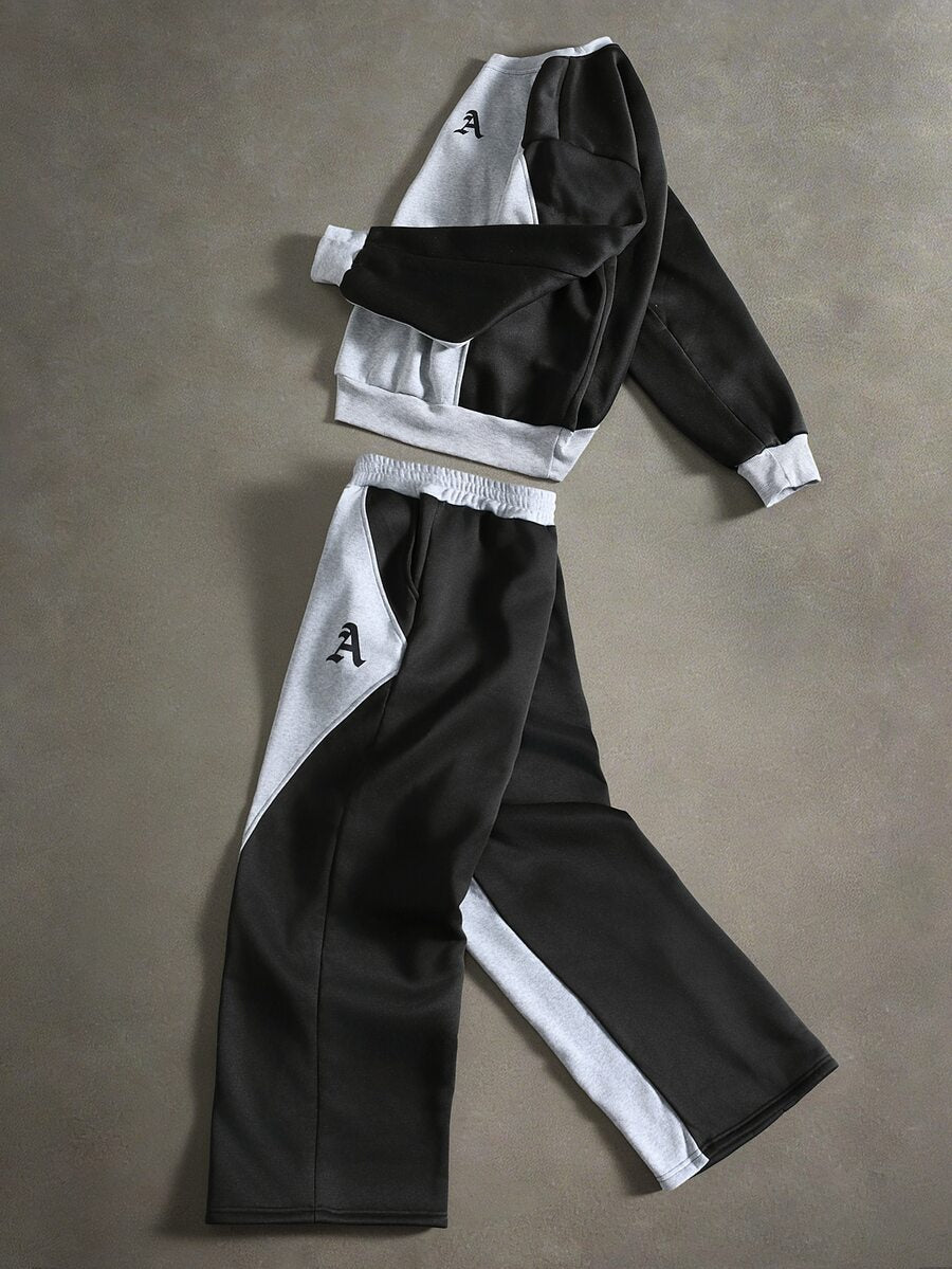 Men's two-tone tracksuit set with crew-neck top and wide-leg pants