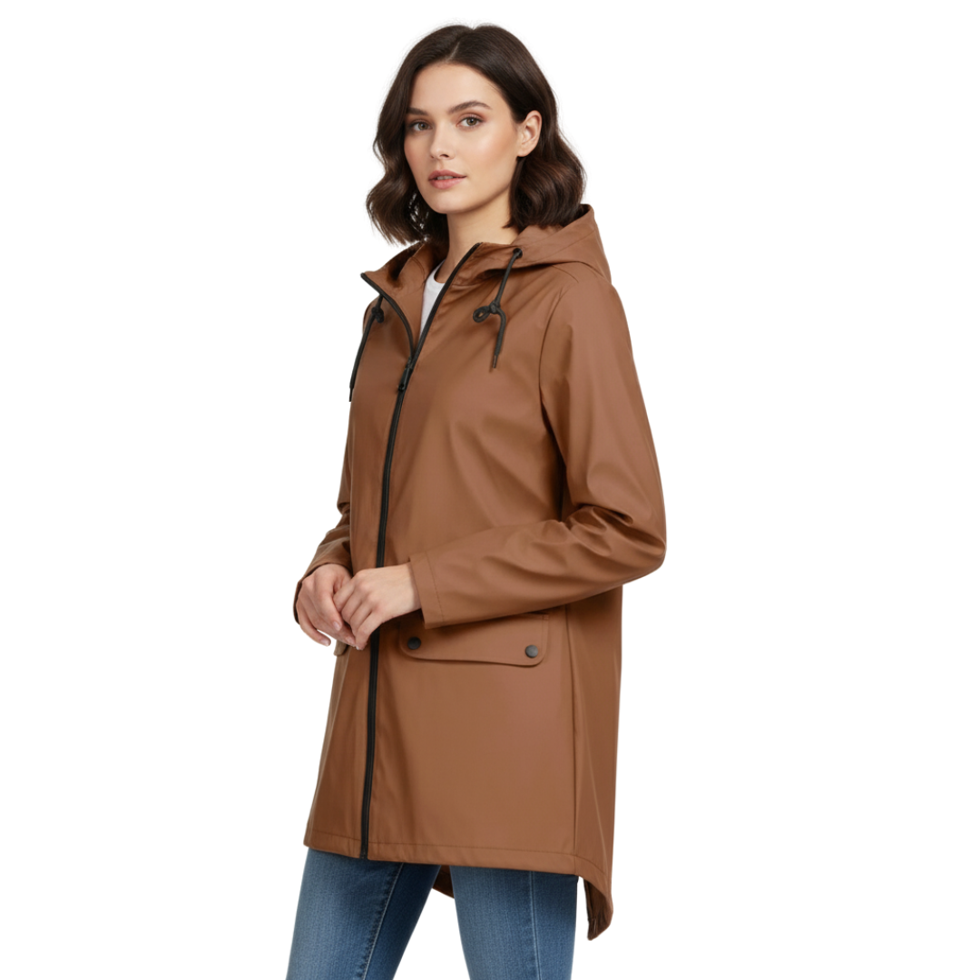 Impermeabile da donna lungo con cappuccio, idrorepellente e antivento, leggero