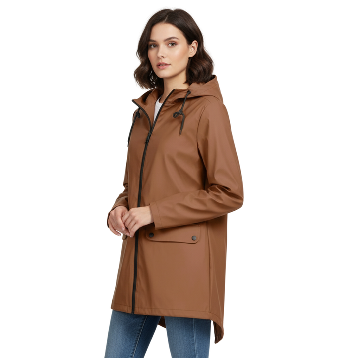 Impermeabile da donna lungo con cappuccio, idrorepellente e antivento, leggero