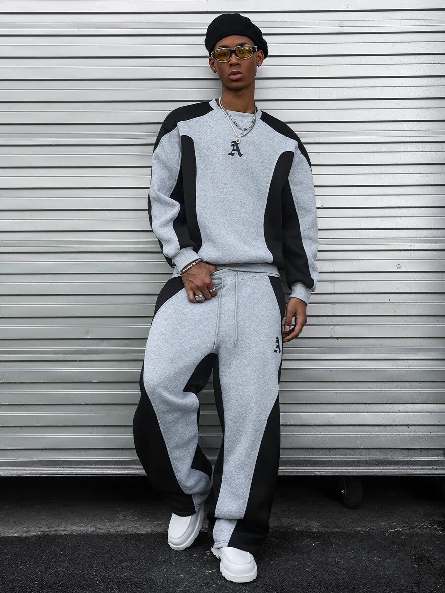 Men's two-tone tracksuit set with crew-neck top and wide-leg pants