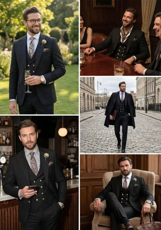 Costume Trois Pièces Homme Coupe Slim avec Col Notch et Gilet Croisé