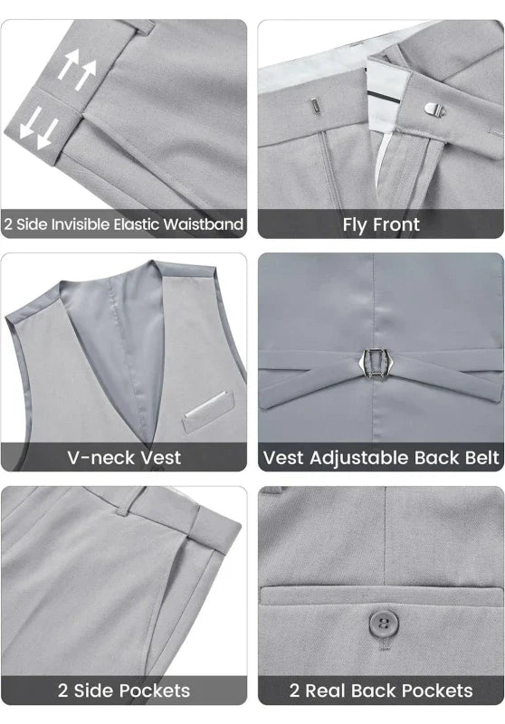 Costume Trois Pièces Homme Coupe Slim avec Col Notch et Gilet Assorti
