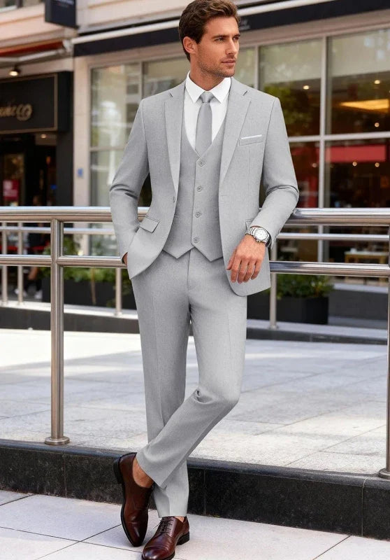 Costume Trois Pièces Homme Coupe Slim avec Col Notch et Gilet Assorti
