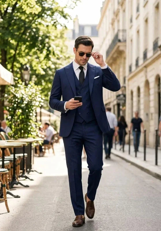 Costume Trois Pièces Homme Coupe Slim avec Gilet Croisé et Poches à Rabat