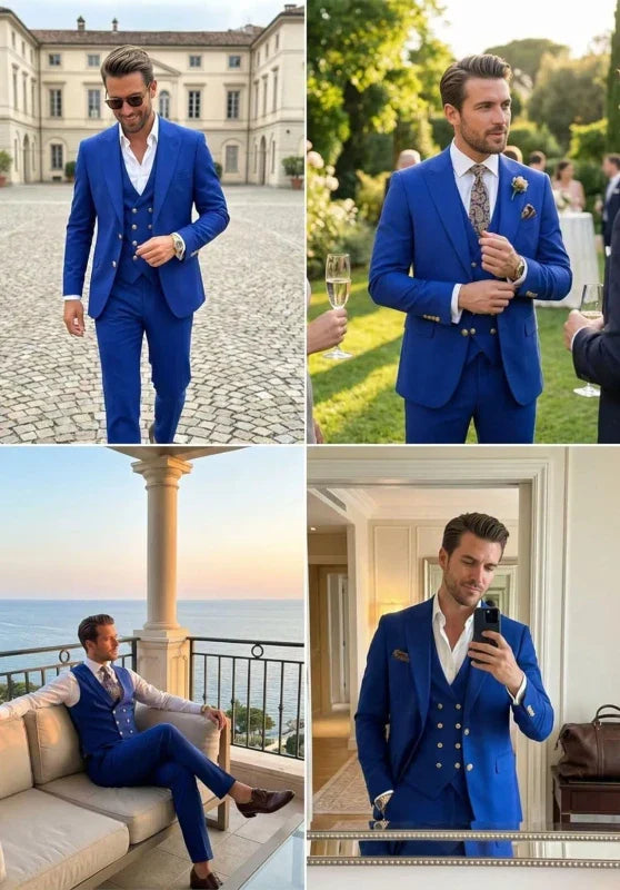 Costume Trois Pièces Homme Coupe Slim avec Col Notch et Gilet Croisé