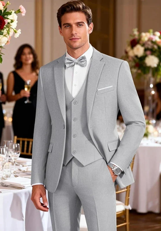 Costume Trois Pièces Homme Coupe Slim avec Col Notch et Gilet Assorti