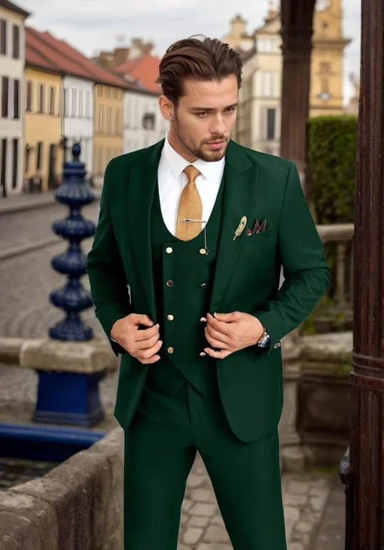 Costume Trois Pièces Homme Coupe Slim Élégant avec Col Peak et Gilet Croisé
