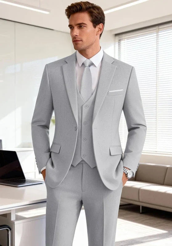 Costume Trois Pièces Homme Coupe Slim avec Col Notch et Gilet Assorti
