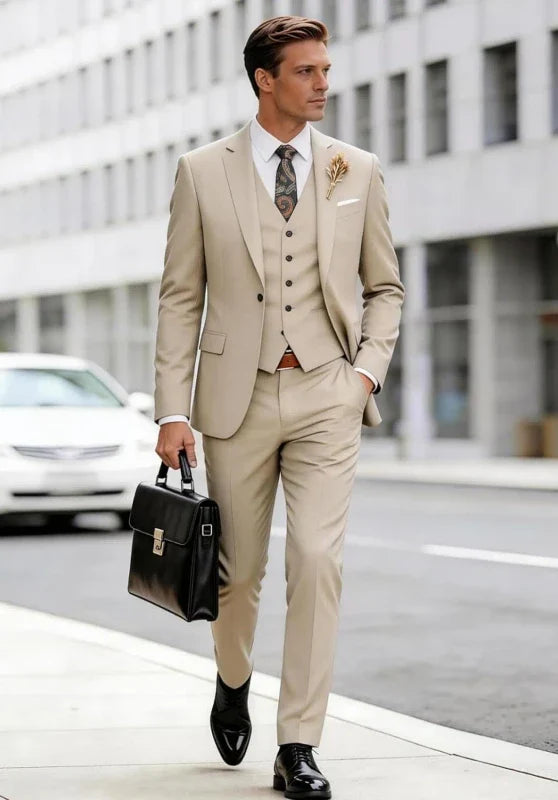 Costume Trois Pièces Homme Coupe Slim avec Col Notch et Gilet Col V