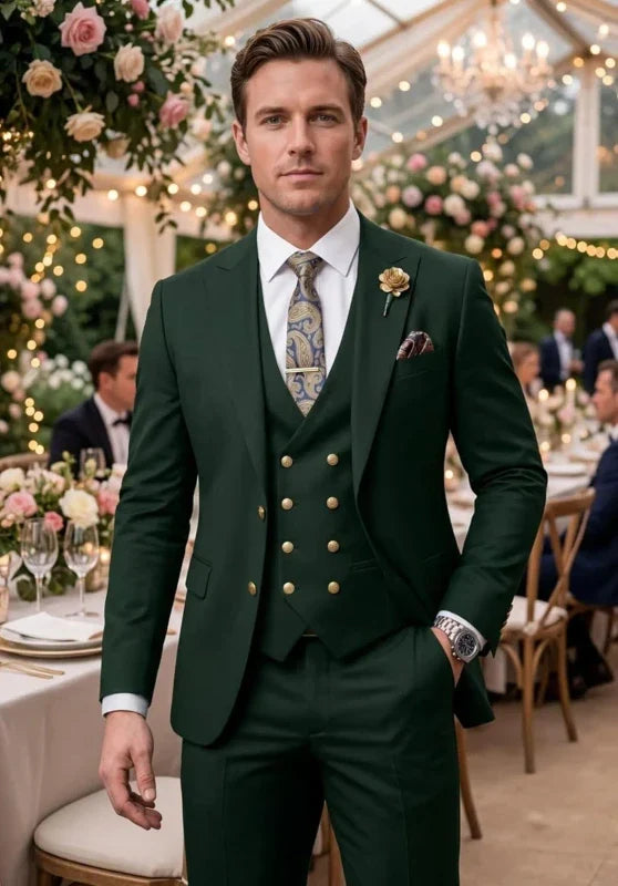 Costume Trois Pièces Homme Coupe Slim avec Col Notch et Gilet Croisé