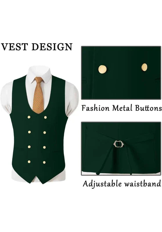 Costume Trois Pièces Homme Coupe Slim Élégant avec Col Peak et Gilet Croisé