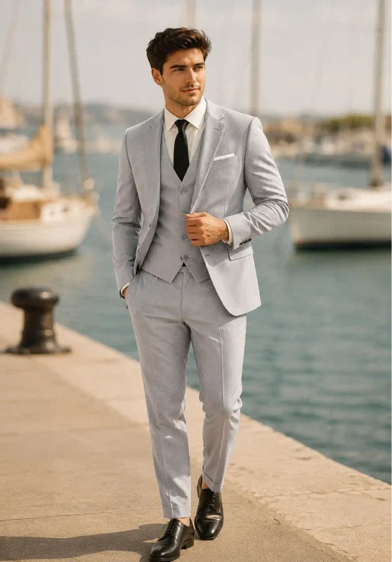Costume Trois Pièces Homme Coupe Ajustée avec Col Notch et Gilet Col V