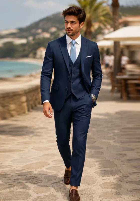 Costume Trois Pièces Homme Coupe Slim avec Col Notch et Gilet Assorti