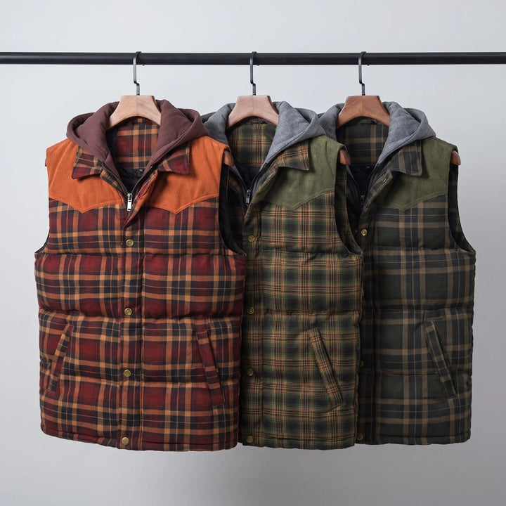 Herengewatteerd vest met capuchon, ruitpatroon en knopen