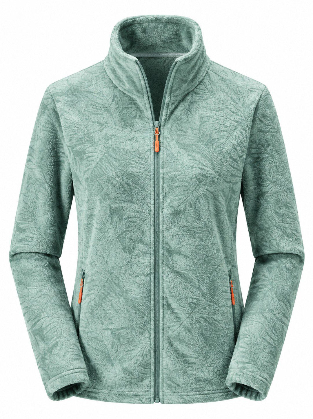 Women's Zip-Up Fleece Jacket with Stand-Up Collar and Foliage Pattern