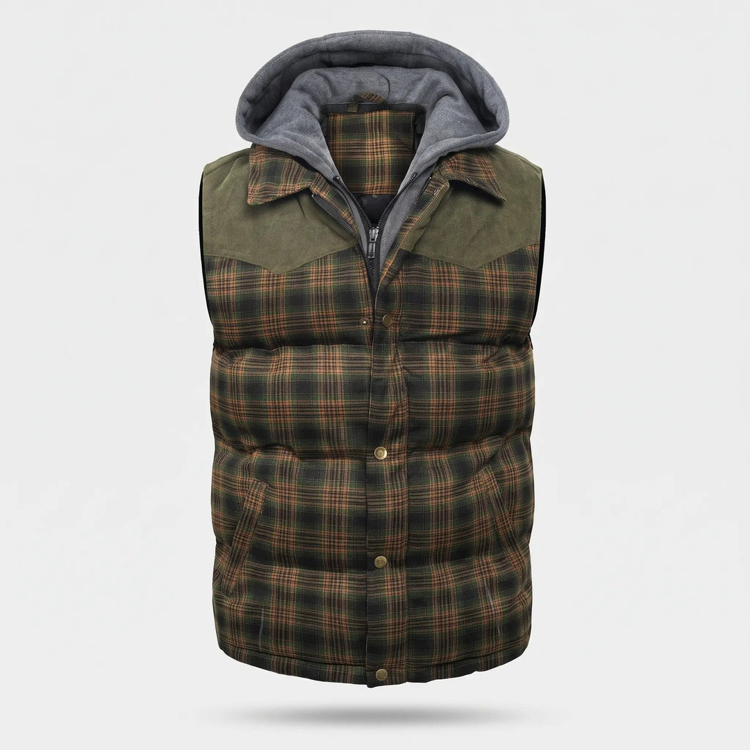 Herengewatteerd vest met capuchon, ruitpatroon en knopen