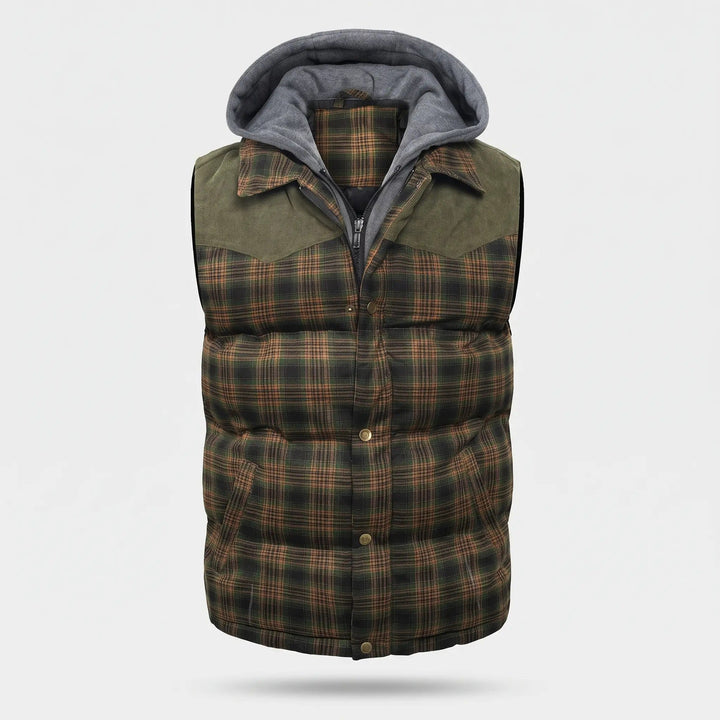 Herengewatteerd vest met capuchon, ruitpatroon en knopen