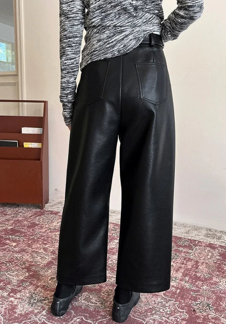 Women's Wide-Leg Trousers - Textured Matte PU Finish, Mid-Rise Waist