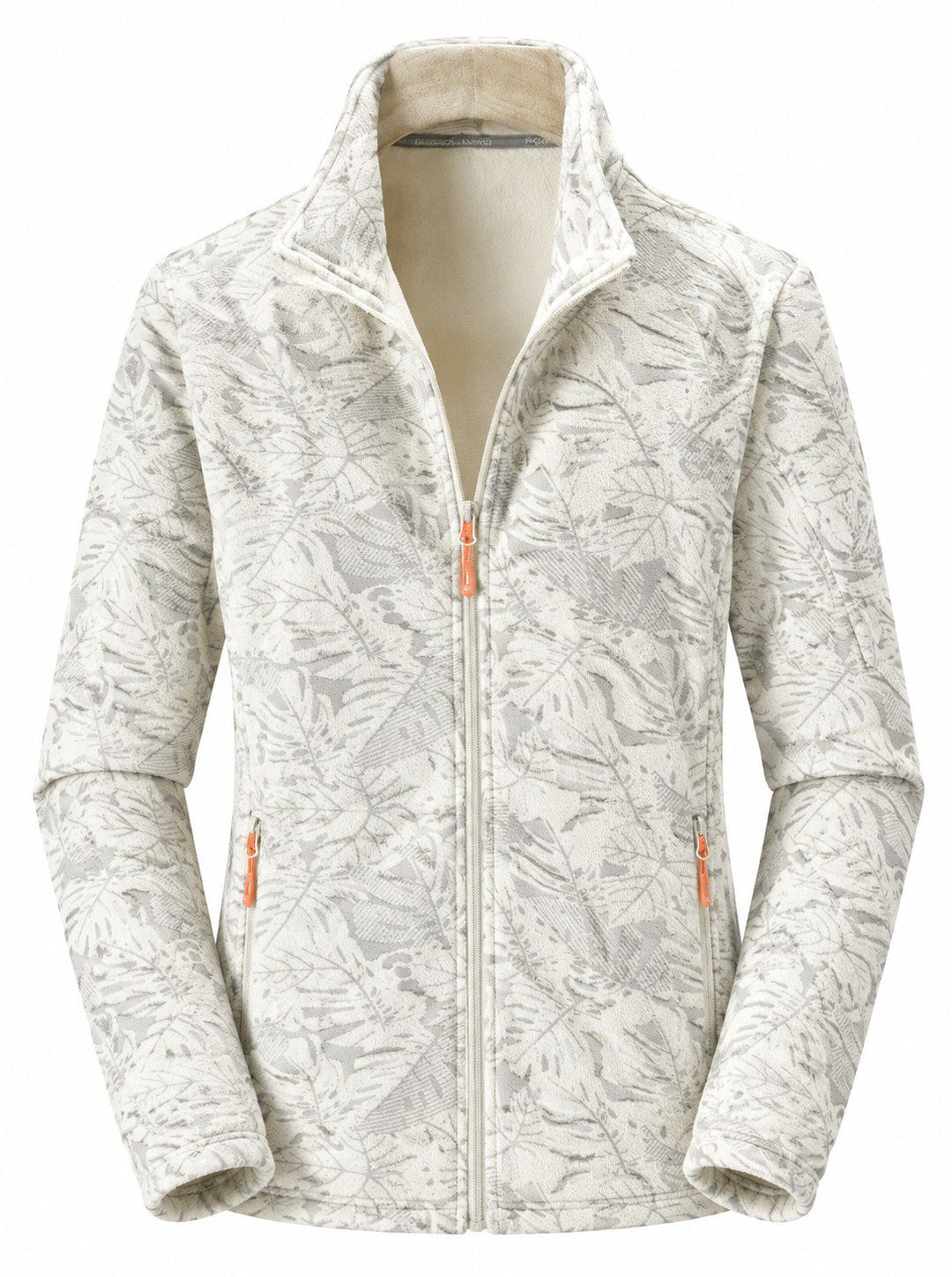 Women's Zip-Up Fleece Jacket with Stand-Up Collar and Foliage Pattern