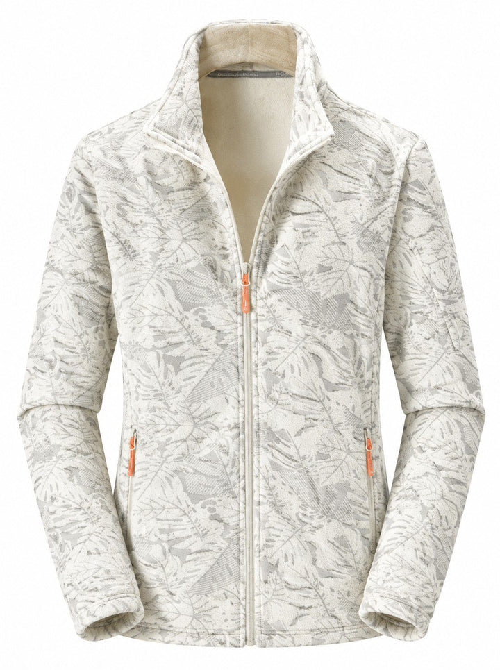 Women's Zip-Up Fleece Jacket with Stand-Up Collar and Foliage Pattern