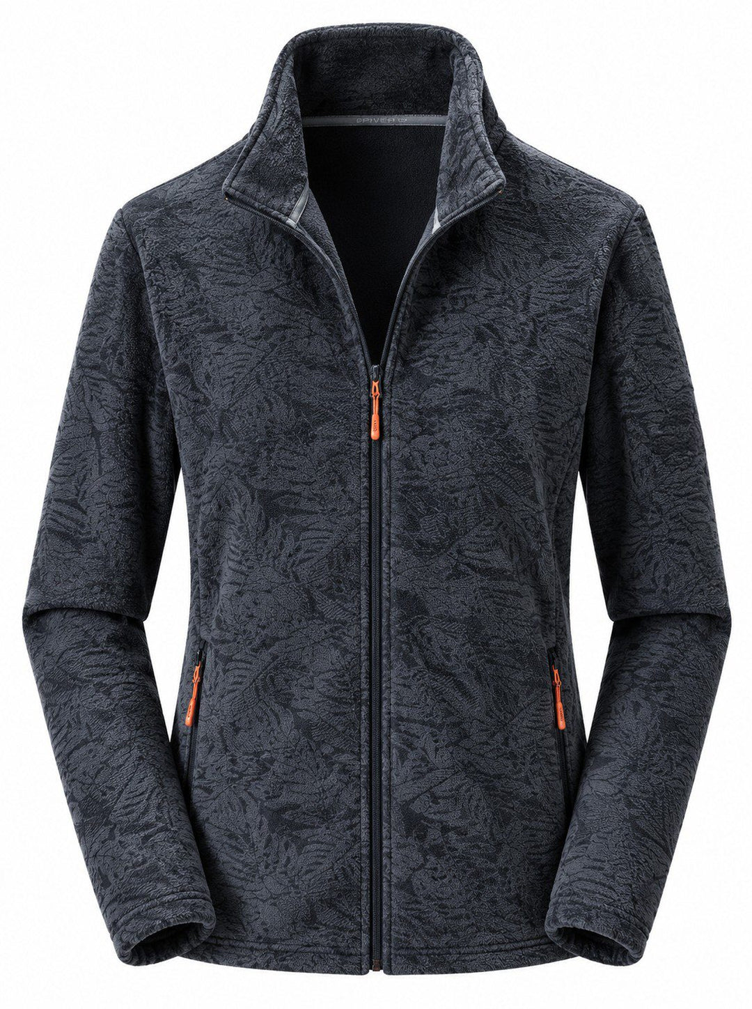 Women's Zip-Up Fleece Jacket with Stand-Up Collar and Foliage Pattern
