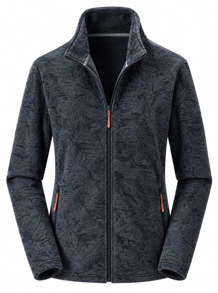 Women's Zip-Up Fleece Jacket with Stand-Up Collar and Foliage Pattern
