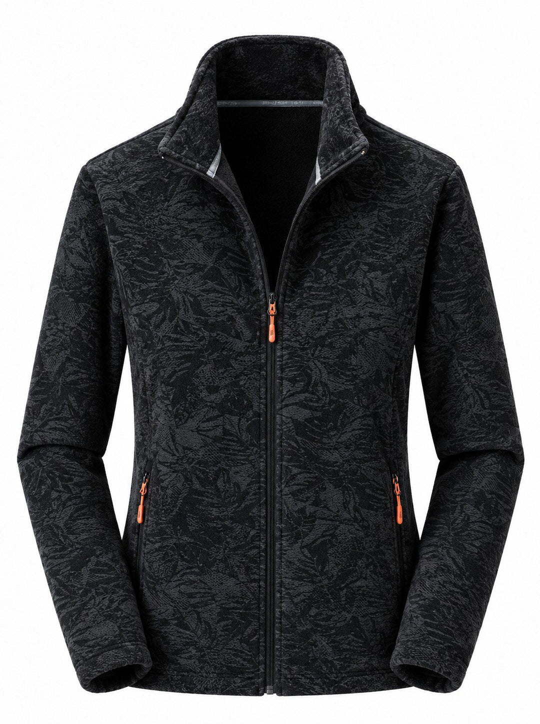 Women's Zip-Up Fleece Jacket with Stand-Up Collar and Foliage Pattern