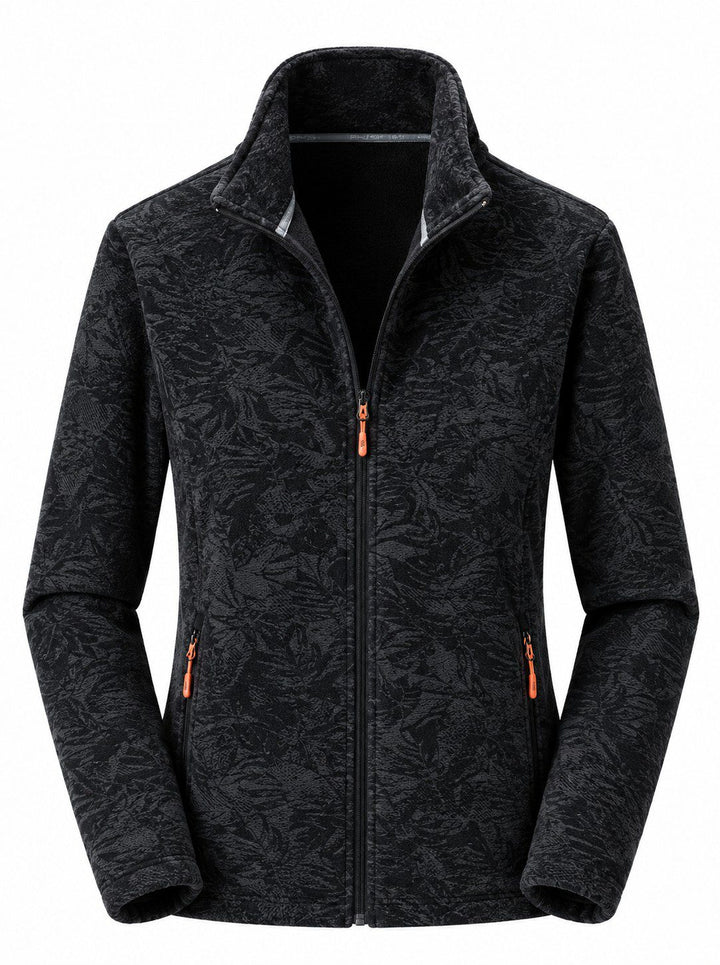 Women's Zip-Up Fleece Jacket with Stand-Up Collar and Foliage Pattern
