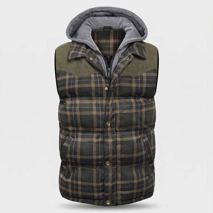 Herengewatteerd vest met capuchon, ruitpatroon en knopen