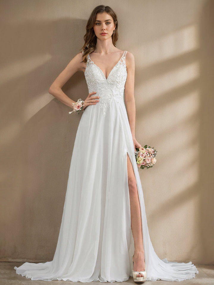 Robe De Mariée Pour Invitée Longue Moderne À Fente Haute Pour Femme  | Maxi