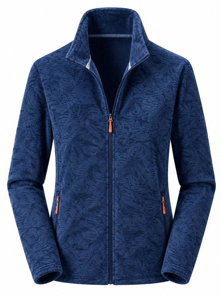 Women's Zip-Up Fleece Jacket with Stand-Up Collar and Foliage Pattern