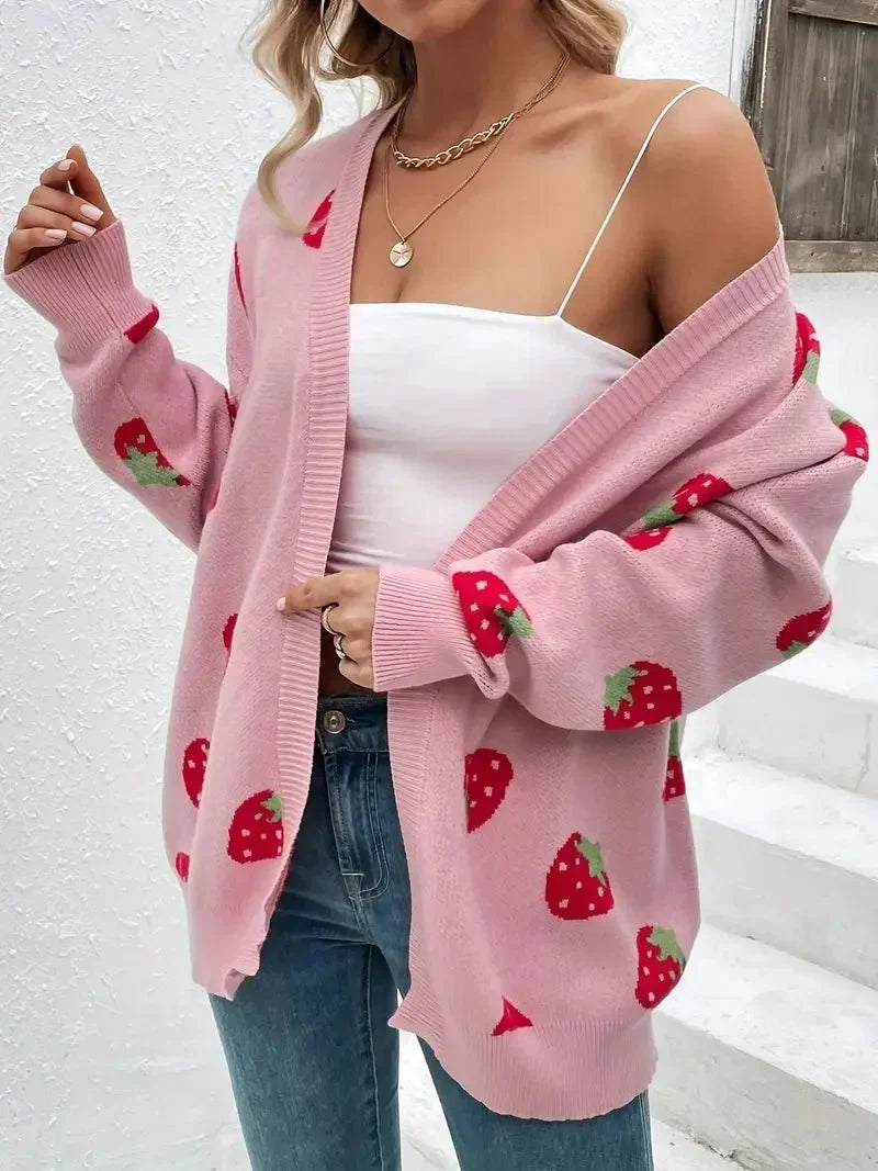 Oversized damesvest van breisel met aardbeienmotief
