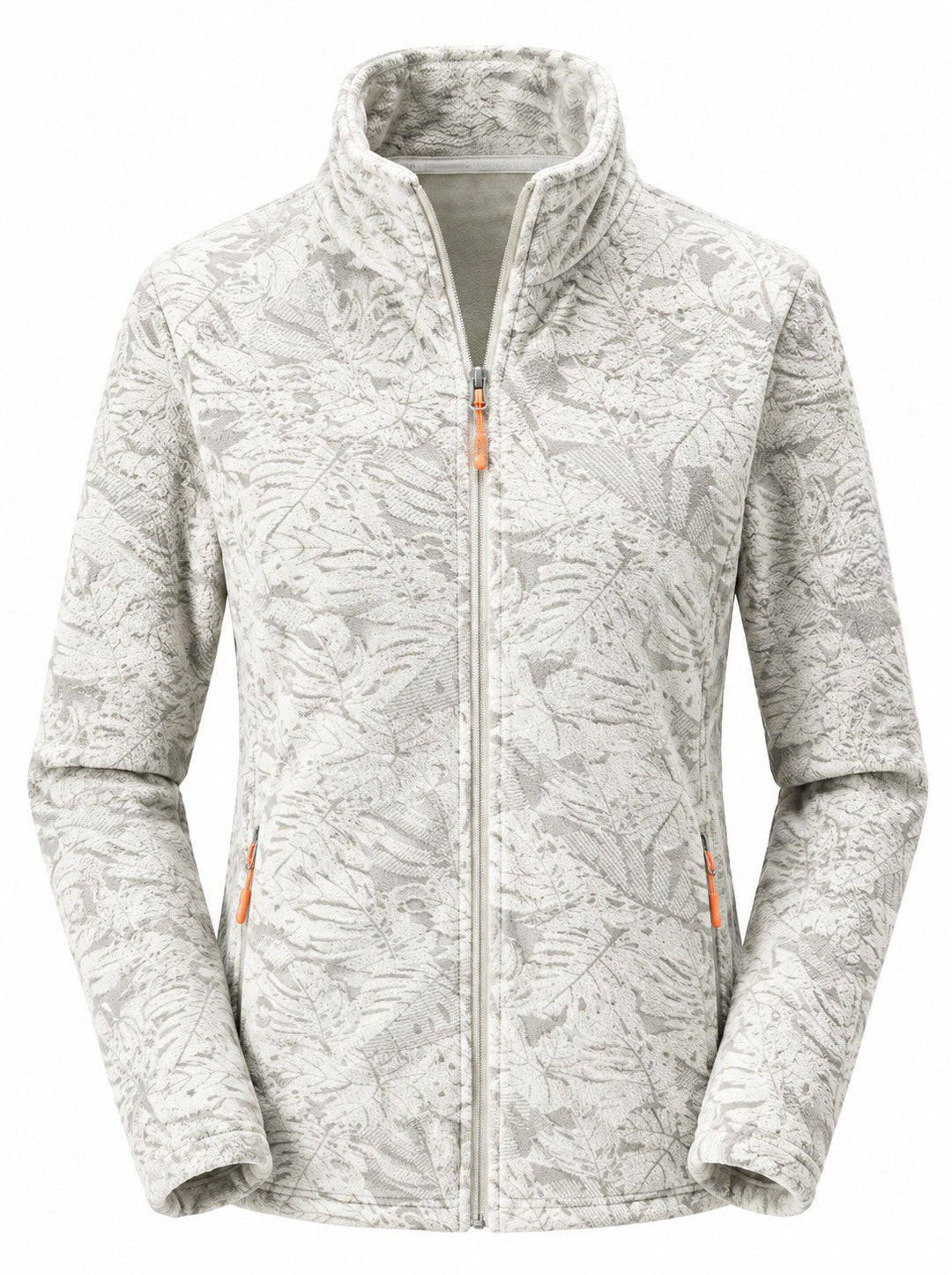 Women's Zip-Up Fleece Jacket with Stand-Up Collar and Foliage Pattern