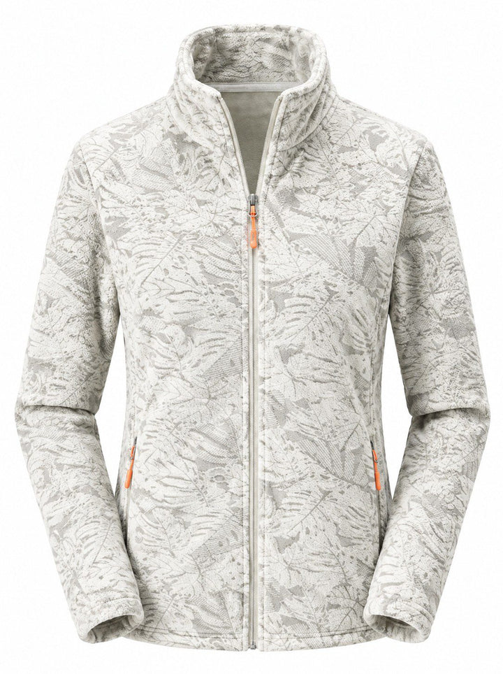 Women's Zip-Up Fleece Jacket with Stand-Up Collar and Foliage Pattern
