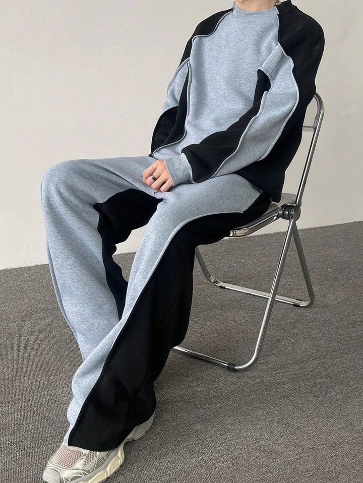 Men's two-tone tracksuit set with crew-neck top and wide-leg pants