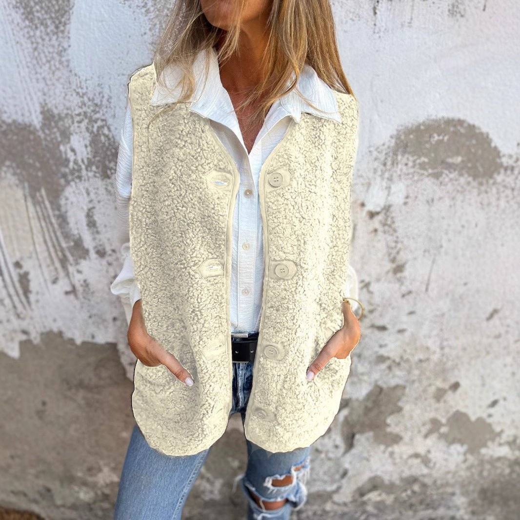 Gilet da donna in peluche, senza maniche, oversize, con bottoni e tasche