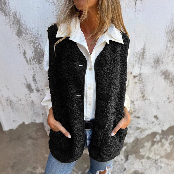 Gilet da donna in peluche, senza maniche, oversize, con bottoni e tasche